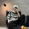 Camiseta de Verano para Hombre con Cuello en V Pequeño Tie-Dye Rasgada de Manga Corta Marca de Moda Atractiva Estilo Callejero Rayas Retro Americano Pesado Manga Media