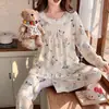 Pijama de dibujos animados estilo japonés para mujer, primavera y otoño, conjunto fino de ropa de casa de manga larga y pantalón largo de algodón nube holgado, se puede usar para salir