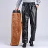 Pantalones de cuero elásticos para otoño e invierno para hombre, cálidos, no se pelan, forro polar, gruesos, de PU, pantalones de trabajo para hombre, pantalones de motocicleta