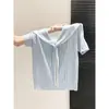 Tejido de punto estilo universitario coreano con cuello azul marino y cordones para mujer, nuevo estilo verano 2026, top elegante de manga corta que reduce la edad y estiliza.