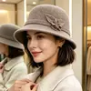 Chapéu bucket floral 100% lã coreano para mulheres, cor sólida vintage, moderno, elegante, de alta qualidade, adequado para mães, outono e inverno