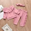 Explosões de Comércio Exterior Amazon Roupas Infantis Outono e Inverno Meninas Manga Longa Franzida Gola Redonda Simples Faixa de Cabelo Conjunto Infantil