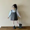 Roupa Infantil para Meninas, Vestido Camisa Falso Duas Peças de Manga Longa, Novo Estilo Primavera e Outono 2026, Vestido de Bolinhas Estilo Preppy para Meninas