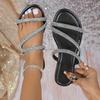 Sandalias de Mujer de Nuevo Estilo con Tiras Cruzadas de Pedrería, Planas de Verano con Suela Suave, Antideslizantes, de Moda y Versátiles, Transfronterizas, en Stock