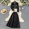 Conjunto de Dos Piezas Estilo Chanel para Mujer, Conjunto de Cardigan con Hebilla Metálica de Alta Gama y Falda Elegante de Cintura Alta para Otoño