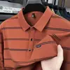 Camiseta Masculina de Manga Longa Primavera e Outono 2026, Camisa Polo Listrada Elegante com Gola Dobrável para Homens de Meia-Idade, Roupa Masculina Elegante para o Dia a Dia