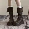Botas longas pretas de uso duplo para mulheres, estilo retrô, com sola grossa, nova coleção outono 2026, botas de montaria até o joelho