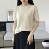 26 Verano Nuevo Estilo Algodón Puro Tejido Manga Corta Cuello Redondo Color Sólido Versátil Camiseta Holgada Manga Media Camisa Base Ropa de Mujer