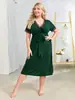 Vestido de Mujer Talla Grande Transfronterizo de Amazon, Color Sólido, Cuello en V, Encaje en Patchwork, Manga Corta, con Lazo, de Largo Medio