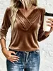 Camiseta de Manga Larga con Cuello en V de Terciopelo Transfronteriza Europea y Americana para Mujer, Nuevo Estilo Otoño e Invierno, Color Sólido, Camiseta Base de Capa Interior con Temperamento