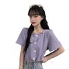 Camisa de manga corta con cordón y diseño de cintura alta fina para mujer, estilo coreano, color morado y cuello cuadrado, de verano