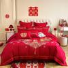 Conjunto de Quatro Peças Grande Vermelho de Luxo para Casamento Dragão e Fênix Chineses Bordados Capa de Edredom Escovada Edredom para Casa Nova Edredom de Casamento Roupa de Cama para Casamento