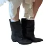 Textura de Pele de Ovelha Verão Vintage Estilo Britânico Plissada Botas Femininas de Meia-Canela Estilo Western Cowboy Bico Fino Salto Grosso Botas de Cano Curto