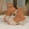 Novedad en stock sandalias de tacón alto de aguja con estampado floral para mujer, sandalias de moda sin cordones de talla grande europeas y americanas