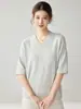 Suéter de cachemira para mujer con cuello en V y dobladillo enrollado, de manga corta, estilo jersey, color liso, corte holgado, casual, versátil, simple, tejido de punto para otoño/invierno
