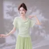 Ropa de baile para mujer, corte ajustado, malla suelta, cuello de pico, manga corta, top de baile diario clásico y moderno chino