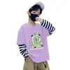 Camada de Base Infantil Masculina Estampa de Desenho Animado Algodão Puro Fina Camiseta Estilo Coreano Listrada Elegante Gola Redonda Manga Longa