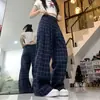 Pantalones casuales holgados de cuadros azules de cintura baja estilo retro americano para hombres y mujeres, estilo casual, pantalones de pierna ancha rectos adelgazantes de longitud de piso, modernos
