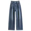 Jeans Cinza Cimento Wide Leg Feminino Nova Coleção Início Primavera 2025 Cintura Alta Cobre o Quadril Para Tipo de Corpo Pera Calças de Chão Camadas Estreitas