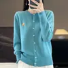 Abrigo Jersey Versátil Manga Larga Cuello Redondo Cardigan de Punto de Terciopelo Andy para Mujer Corte Holgado Bordado de Oso Color Sólido Elegante