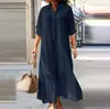 2026 Nuevo Estilo Europeo y Americano de Comercio Exterior Vestido Largo Irregular de Algodón y Lino con Cuello de Camisa y Botones Retorcidos Vestido Casual