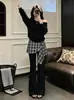 Conjunto de duas peças de calça flare xadrez em retalhos e moletom para mulheres, coleção de outono 2026, tamanho plus size, novo design de moda
