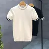 Nuevo Suéter de Punto Fino de Manga Corta para Hombre, Verano, Lujo Ligero, Bloques de Color, Delgado, Cuello Redondo, Versión Coreana de Verano