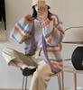 Cardigan de Punto con Rayas Arcoíris Estilo Perezoso para Mujer 2025 Otoño Nuevo Coreano Holgado Chaqueta de Punto de Color Contrastante