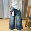 Jeans cropped largo estilo retrô americano para mulheres, fino de verão, cintura alta, novo estilo, calças retas soltas de comprimento médio