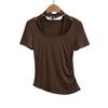 Camiseta de manga corta de encaje falso de dos piezas para mujer, de verano, ajustada, plisada, de color liso, con cuello en U