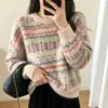 Suéter Feminino de Lã Escovada com Gola Redonda e Jacquard Fair Isle Retrô 2026 Outono Inverno Novo Top de Malha Solto