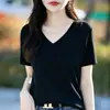 Camiseta de Punto de Algodón 100% Puro de Manga Corta con Cuello en V, Estilo Coreano de Verano, Color Sólido, Holgada, Sencilla, de Alta Gama, con Borde Enrollado, para Mujer