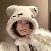 Gorro de peluche con lazo de orejas de oso para mujer, a prueba de viento, resistente al frío, protege los oídos, cálido, con doble cordón, lindo