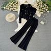 Conjunto de Moda Transfronteiriço Comércio Exterior Primavera e Outono Manga Longa Gola Solto Suéter de Tricô Calça de Perna Larga com Fenda Conjunto de Duas Peças de Tricô