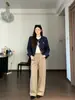 Chaqueta estilo tweed azul marino para mujer, nuevo top de hombro estilo coreano para principios de otoño de 2026, atuendo sofisticado y elegante, un toque de estilo de alta gama
