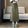 Falda de Cintura Alta Línea A para Mujer Verano Longitud Media Tipo Pera Cubre Vientre Adelgazante Verde Militar Estilo Americano Ropa de Trabajo Falda