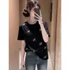Camiseta Negra de Manga Corta de Alta Gama para Mujer, con Adornos de Pedrería, Diseño del Año del Caballo, Nuevo Estilo de Verano, Corte Holgado, Efecto Adelgazante, Cuello Redondo