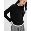 Camisa base de tricô bicolor, com gola redonda e manga longa, para mulheres, outono e inverno, top suéter cinza casual e sofisticado