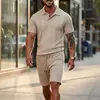 Novo Conjunto Casual Masculino de Outono da Amazon, Cor Sólida, Gola Polo com Botões, Jacquard, Manga Curta e Calça