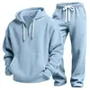 Conjunto casual esportivo masculino de duas peças, malha waffle lisa, manga longa e calça longa, best-seller europeu e americano transfronteiriço