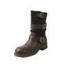 Botines Cortos Plisados Simples de Moda Estilo Británico de 4 cm Nuevos Otoño e Invierno 2025 Botas de Punta Redonda con Tacón Grueso y Hebilla de Cinturón