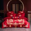 Conjunto de Quatro Peças para Casamento, Quarto de Casamento, Colcha, Lençóis, Capa de Colcha Bordada Dragão e Fênix, Roupa de Cama Vermelha para Casamento