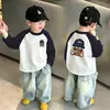 Camiseta Masculina Patchwork Gola Redonda Manga Longa, Primavera e Outono, Top 100% Algodão para Meninos Maiores, Camiseta Básica Versátil Infantil