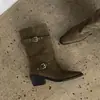 Botas de gamuza de vaca de dos capas hasta la mitad de la pantorrilla para mujer, botas de montar, nuevas para otoño e invierno, puntera cuadrada, tacón alto grueso, de meter, hebilla de cinturón, botas casuales para mujer