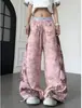 Pantalones deportivos de retazos con estampado de leopardo, diseño de letras con cuentas teñido sucio estilo retro americano, unisex, corte holgado, largo hasta el suelo, marca de moda