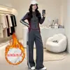Conjunto Deportivo Casual Estilo Coreano para Mujer 2026 Nuevo Color Otoñal Bloque de Color Cintura Ceñida Adelgazante Sudadera con Capucha Pantalones de Pierna Ancha Conjunto de Dos Piezas