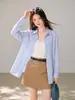 Camisa a rayas azul y gris con un diseño elegante, adecuada para ir al trabajo y para uso casual, nuevo top de algodón para mujer de otoño