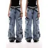 Jeans de trabajo estilo retro americano, resistentes, lavados, desgastados, para hombre y mujer, diseño multibolsillos, pantalones de pierna ancha holgados de nicho