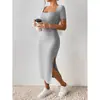 Moda Femenina Transfronteriza Nueva de Verano Vestido Cuadrado Sexy Delgado con Abertura que se Ajusta a la Cadera para Mujer Comercio Exterior Europeo y Americano Suave y Sedoso