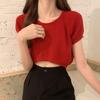 Blusa de Tricô Curta com Gola Redonda Solta para Mulheres Verão 2021 Nova Slim-fit Manga Curta Fina Top